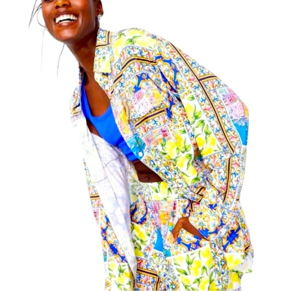 NWT Terez Amalfi Coast Patchwork Print Long Sleeve Blouse Yellow Blue Multi MED - Picture 3 of 16